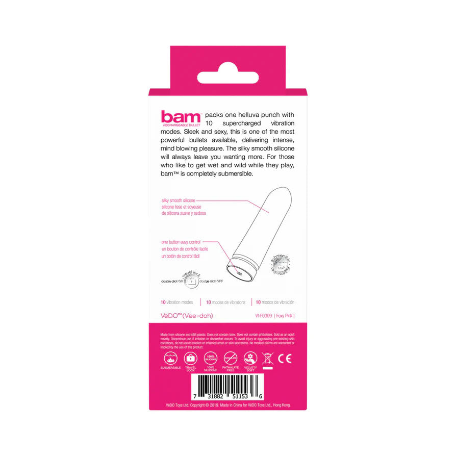 Bam Rechargeable Bullet - Hot in Bed Pink